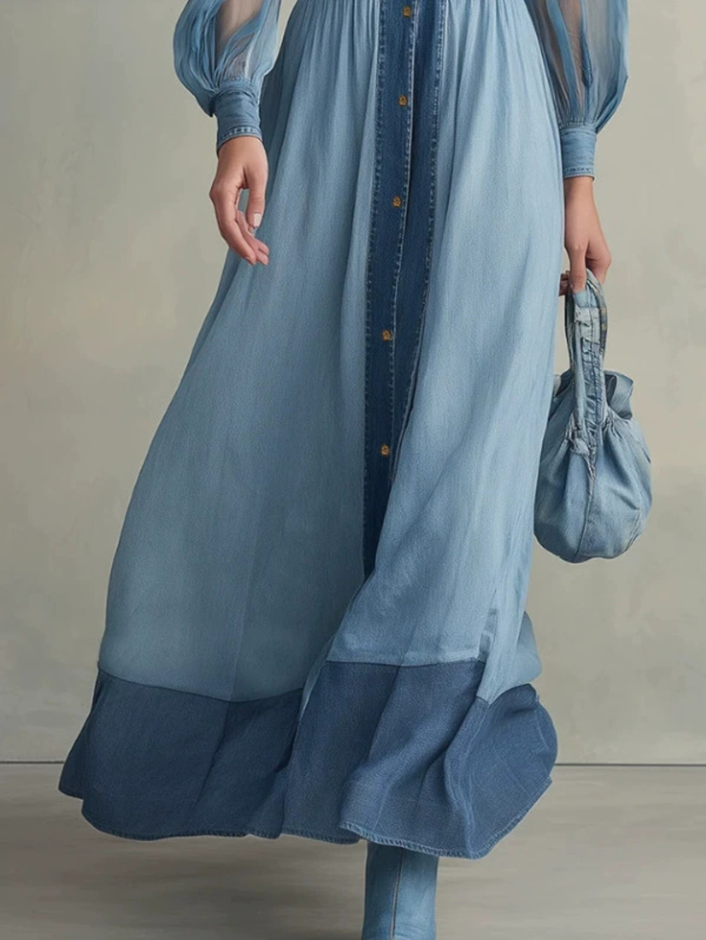 H&M   Womens Retro Sheer Lantern Sleeve Patchwork Denim Dress